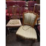 A French style green upholstered dining chair and a Georgian style chair with tapestry seat