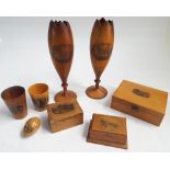 Collection of treen Mauchline ware to include a pair of vases, trinket boxes,