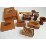 Collection of treen Mauchline ware to include boxes, page turner etc.