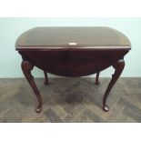 1930's mahogany drop leaf occasional table on cabriole legs and bun feet top measures 69x48cms and