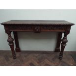 A late Victorian carved mahogany hall table fitted 2 frieze drawers 122x39cms deep,