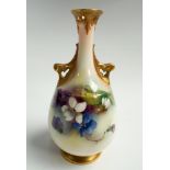 Royal Worcester narrow necked twin handled vase, hand painted with violets. Numbered on base 288.