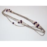 Silver long guard chain set with faceted amethyst beads and cultured pearls