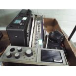 A box containing sea voice ship to shore radio, other radios, cassette deck,