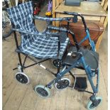 Push along wheelchair and a folding zimmer frame with seat