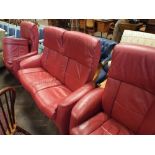 Stressless 2 seater settee 3 piece lounge suite in red leather with matching stool
