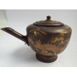 19th century Japanese large lacquer tea pot with gilded decoration of foliage and storks - height