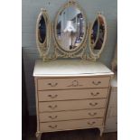 A cream and gilt 5 drawer chest of drawers with cream and gilt triple dressing mirror