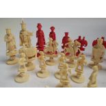 19th century stained and carved ivory chess set,