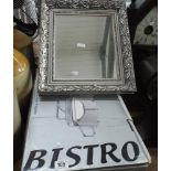 A rectangular twin stainless steel Bain Marie and a silver framed mirror