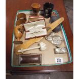 Horn beaker, treen items, ivory pole badges,