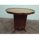 1930's oak tilt top sewing basket occasional table with shaped tilt top,