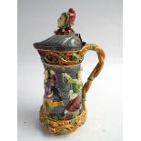 Minton Majolica Tower stein with jester lid impressed on the base Minton 3 within a crescent and