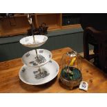 Clockwork singing bird in cage and a 3 tier Limoges cake stand