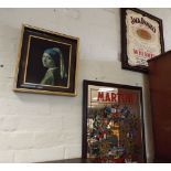 Two pub advertising mirrors and a print of a girl with a pearl earring