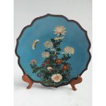 Turquoise blue ground Cloisonne plate with shaped edge decorated with flowers and a butterfly -