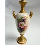 Royal Worcester twin handled urn hand painted with dog roses and violets signed Cole.