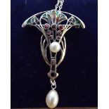 Silver plique-a-jour necklace with freshwater pearl drops on a silver chain in the art nouveau