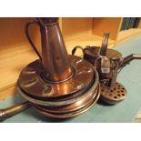 Copper warming pan, jug, trays, water can etc.