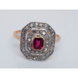 Edwardian synthetic ruby and diamond cluster ring set in a plaque design on an unmarked rose gold