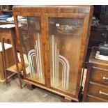 1950's Walnut china cabinet with etched panel doors