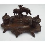 19th century bronzed inkstand decorated with sheep on a rocky bank 27cm wide with signature A Bossu