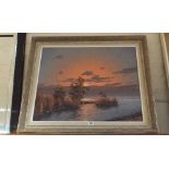 Oil painting of Mallards in flight over river signed Brouwer