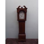 Country 8 day Grandfather clock with arched sailing ship painted dial in oak case by H R Davies