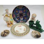 Collection of ceramics to include ribbon plate, Doulton wall plate, coloured bisque figurines etc.