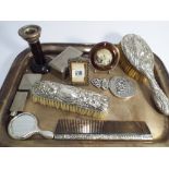 Collection of small silver and silver plated items to include hair brush set,