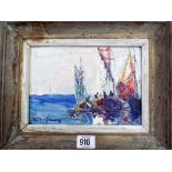 Early 20th century framed oil on panel of fishing boats on a Riviera.