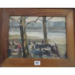 Early 20th century pine framed impressionistic style oil on board of a riverside market,