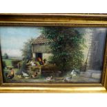 Antique oil on panel painting depicting Peacocks and Chickens in a farmyard scene signed lower