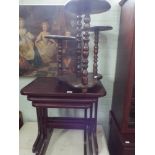 Set of three mahogany effect tables and a 4 tier plant stand