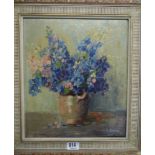 19th century framed oil on panel depicting still life of a vase of blue flowers signed Chauvier,