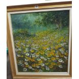 Large modern oil on canvas painting depicting meadow flowers signed Gerhard Nesvadba.