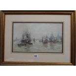 Pastel sketch depicting ships on the River Thames, London. Unsigned. Framed and glazed.