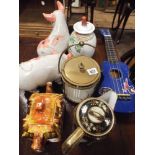 Ukelele, pair of pig ornaments, biscuit barrel, Noritake jug, cottage teapot etc.