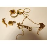 A collection of 9ct yellow gold to include 4 rings, pendants and chain gross weight 13.