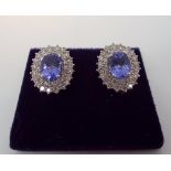 Pair of diamond and tanzanite earrings, of oval cluster form,