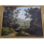 Oil on canvas painting depicting Swiss landscape with goat herder signed lower right Joseph Vela in