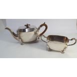 1930's hallmarked silver tea pot with wooden handle and finial and matching twin handled sugar