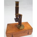 Small brass 19th century microscope with mahogany box,