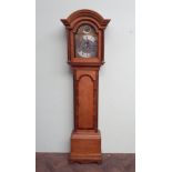 8 day striking grandfather clock in oak and mahogany cross banded case with arched brass and silver