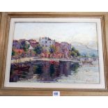 Early 20th century French oil on panel depicting Riviera harbour scene signed Diulafan lower right.