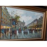 Large oil on canvas painting depicting Paris signed J Gaston in gilt frame.