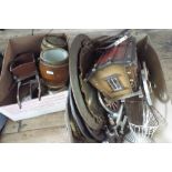 Three boxes of silver plate, biscuit jars, caravans, trailers, clocks, old optics etc.