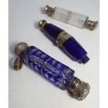 Three Victorian glass scent bottles to include blue flash example Condition - in