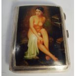 Hallmarked silver cigarette case with later applied enamel depicting nude to the lid