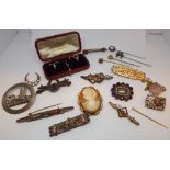 A collection of Victorian and later brooches, stick pins,